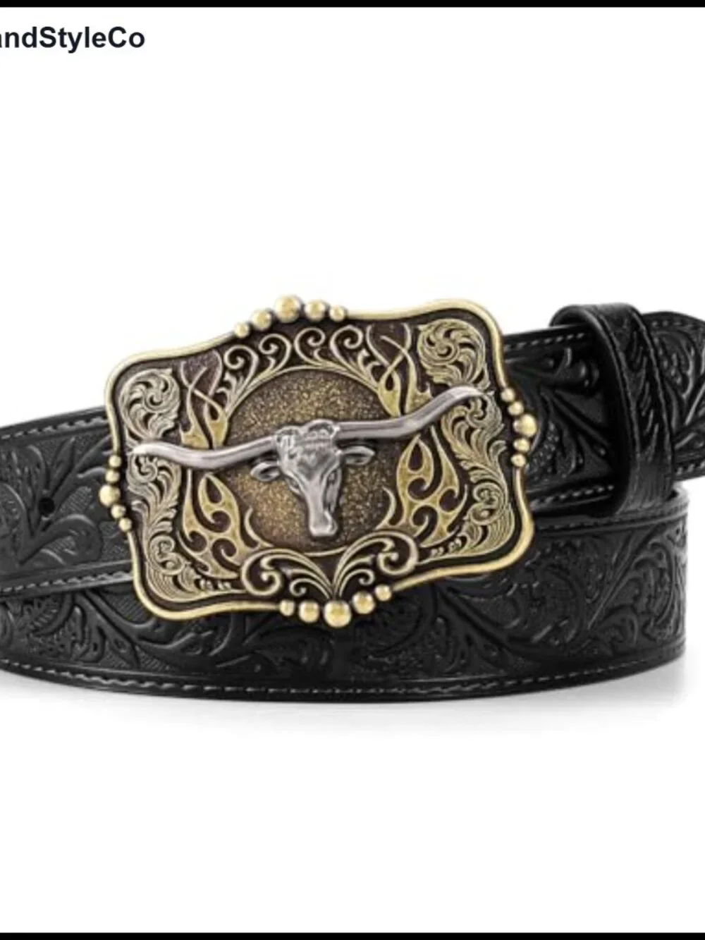 Cowboy Western Embossed Leather Belt with Longhorn Buckle